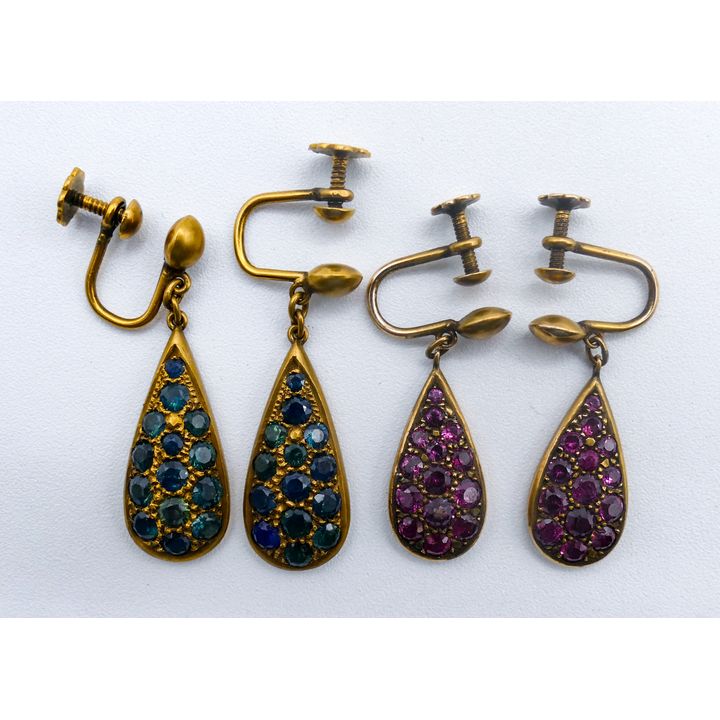 2 Pairs 14k Pink and Blue Sapphire Dangle Earrings 1.5" - 12.2 Grams TW