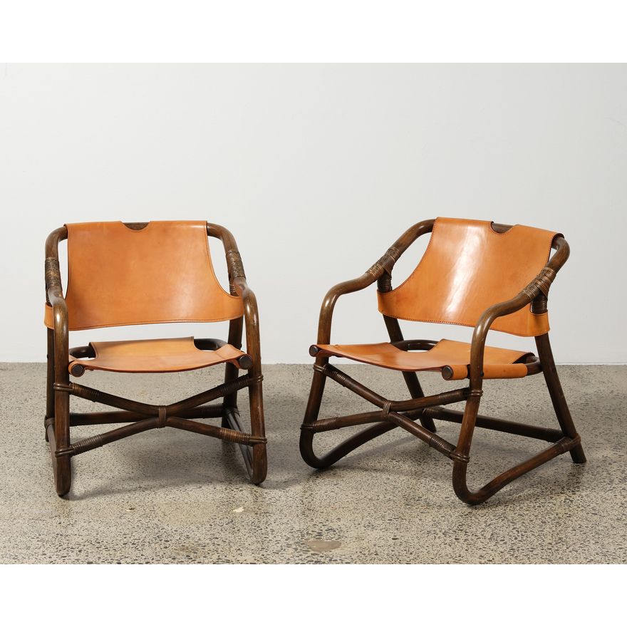 Pair of mid-century Italian lacquered bamboo and leather Safari chairs