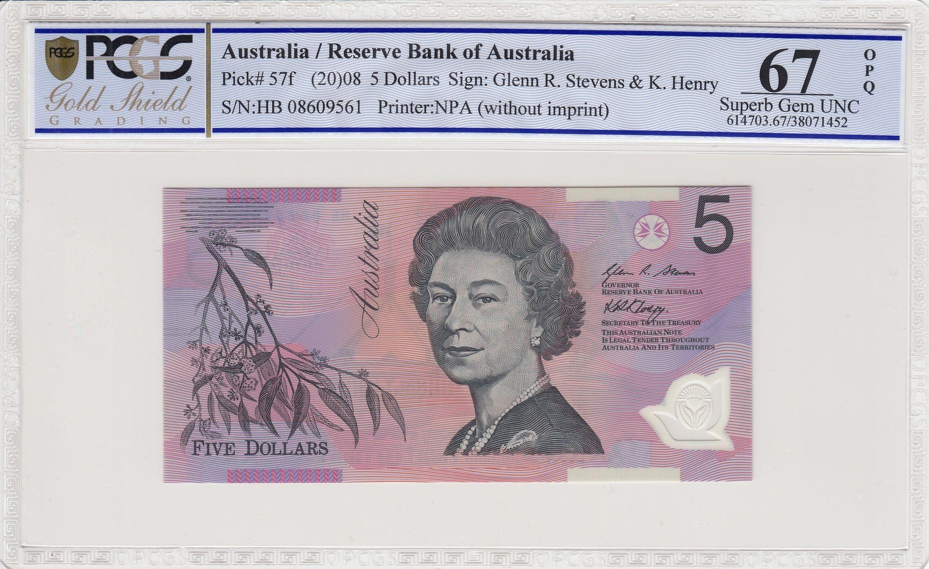141 · RBA, Polymer, NPA (w/o imprint), Sign: G.R. Stevens & K. Henry, Five Dollar, 2008, PCGS - Superb Gem UNC 67 PPQ