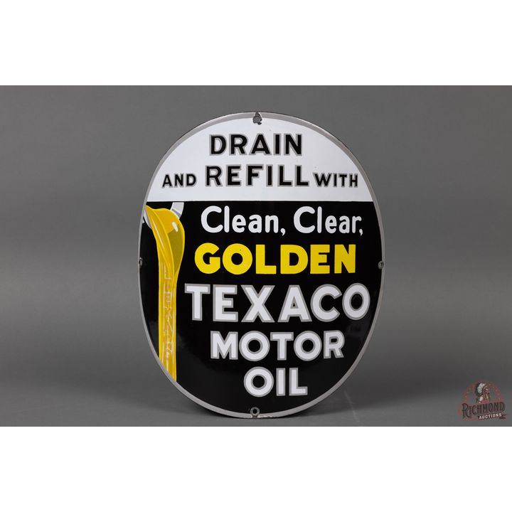 15" Texaco Drain & Refill Single Sided Porcelain Curved Sign TAC 9