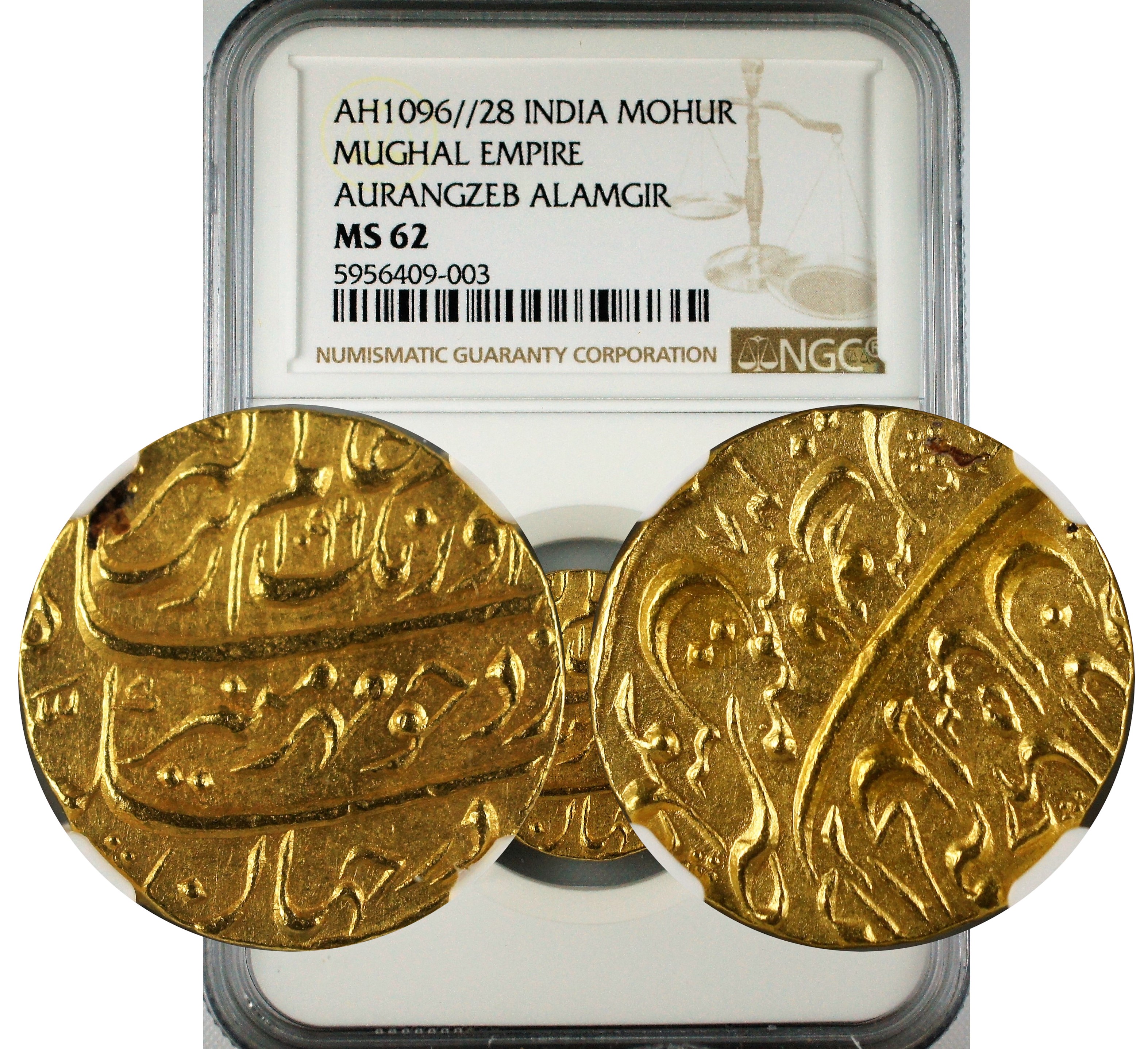 India Mughal Empire Aurangzeb Gold Mohur AH1096//28 NGC MS62
