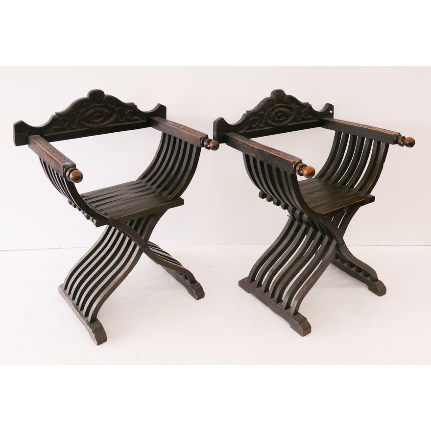 Pair Antique Spanish Savonarola Folding Chairs- 34x28x22''