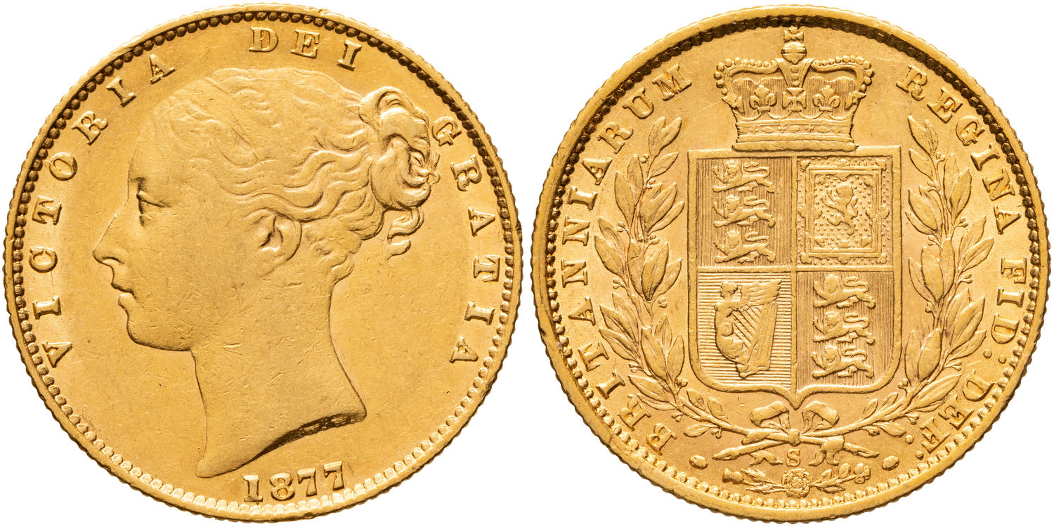 Victoria, Shield Reverse - Young Head Type, Sovereign, 1877-S, gVF