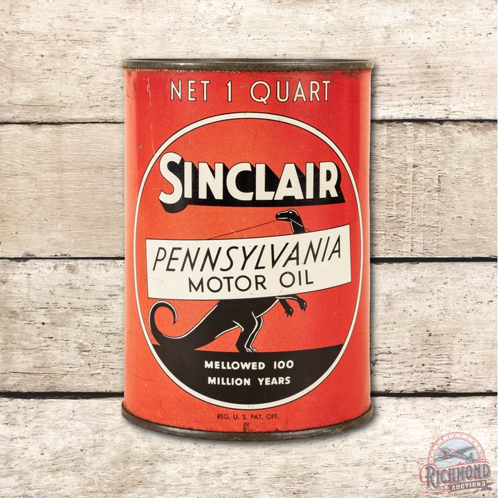 Sinclair Pennsylvania Motor Oil One Quart Can w/ Standing Dino TAC 7.75