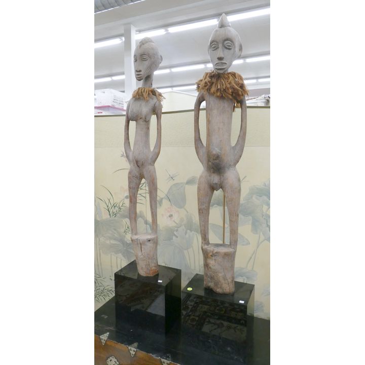 Pair African Senufo Carved Hardwood Fertility Figures on Stands- 49x10'' each