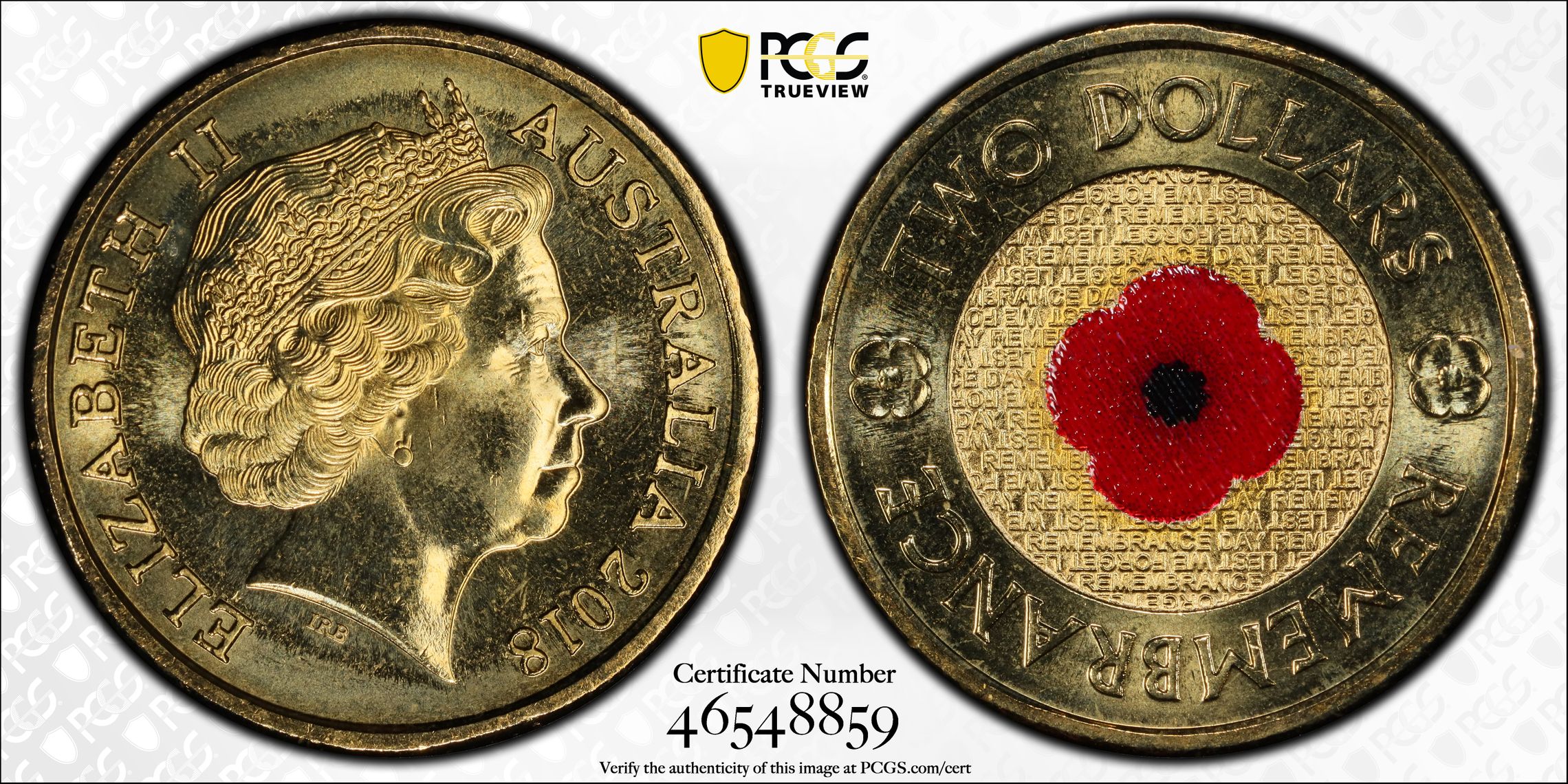 476 · Elizabeth II, Remembrance Day Red Poppy 30th Ann. $2 Coin Colorized , Two Dollar, 2018, PCGS MS67