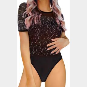 SEBOWEL WOMEN LONG SLEEVES MESH SEE THROUGH JUMPSUIT BODYSUIT TOP LEOTARD