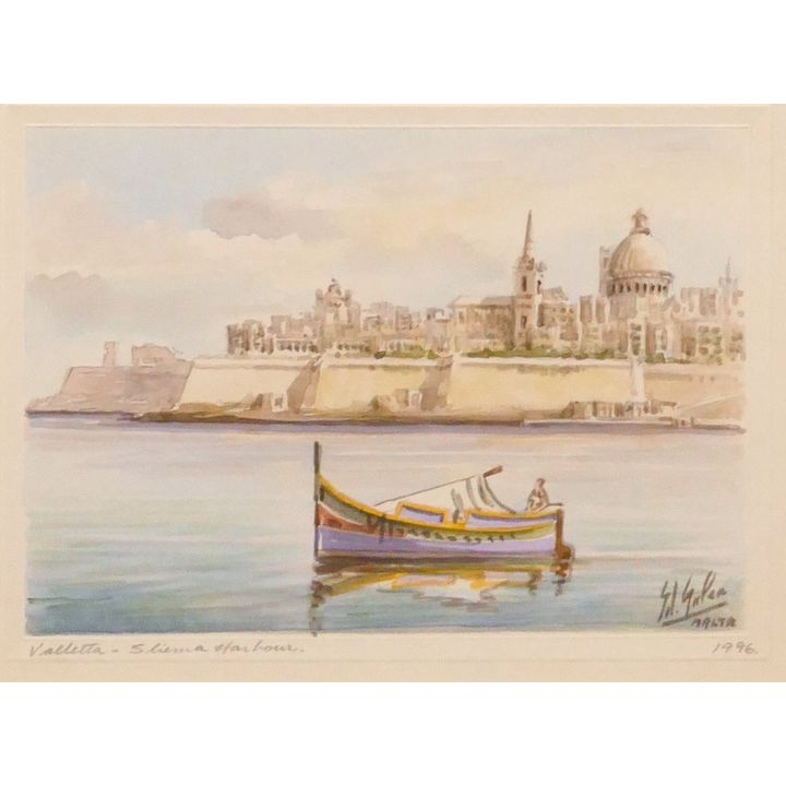 Edwin Galea Port of Valletta Malta Harbor Scene Watercolor Framed- 12x14''
