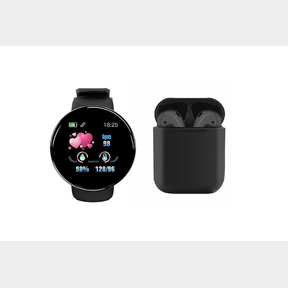 SMART WATCH D18 WITH I12 TWS WIRELESS BLUETOOTH EAR PODS WITH CHARGING BOX - BLACK -