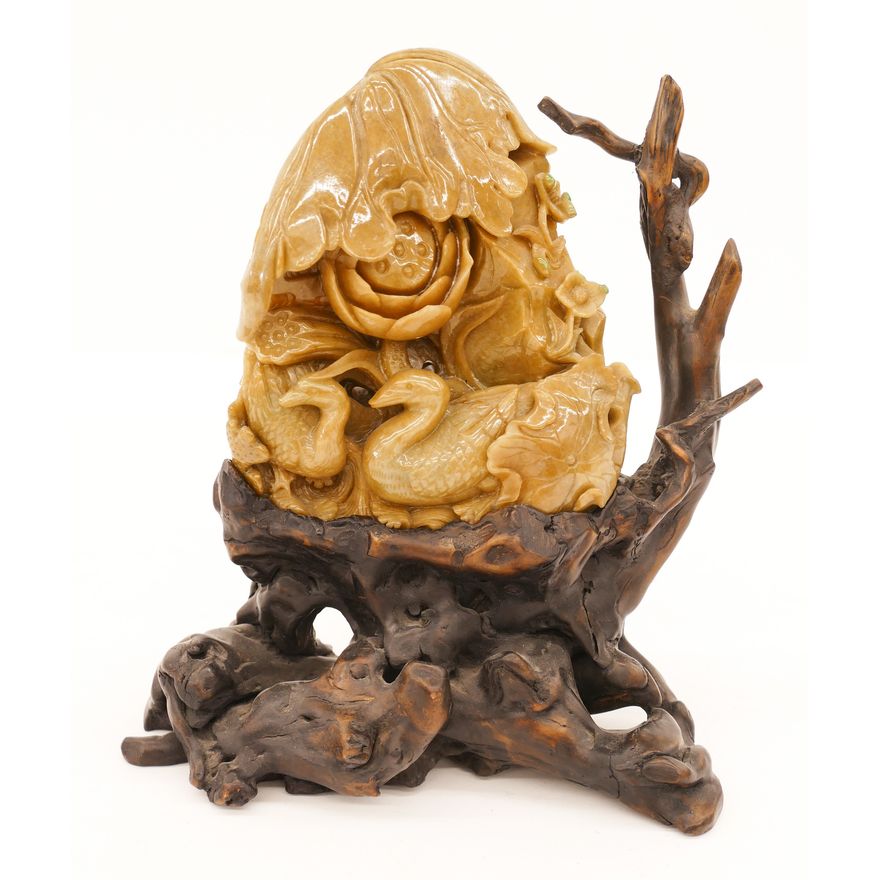 Chinese Jade Duck & Lotus Boulder Carving