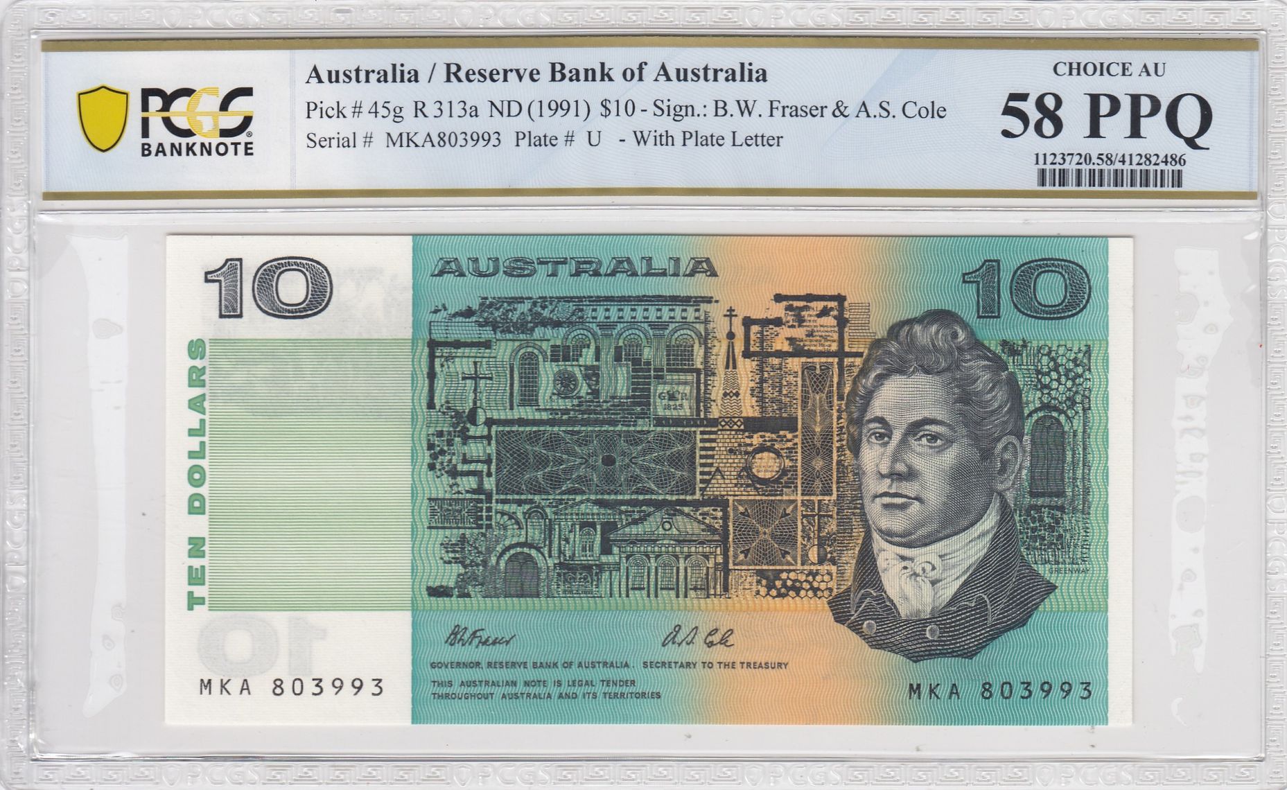 1991 Australia $10 Banknote Fraser/Cole Choice AU 58 PPQ PCGS