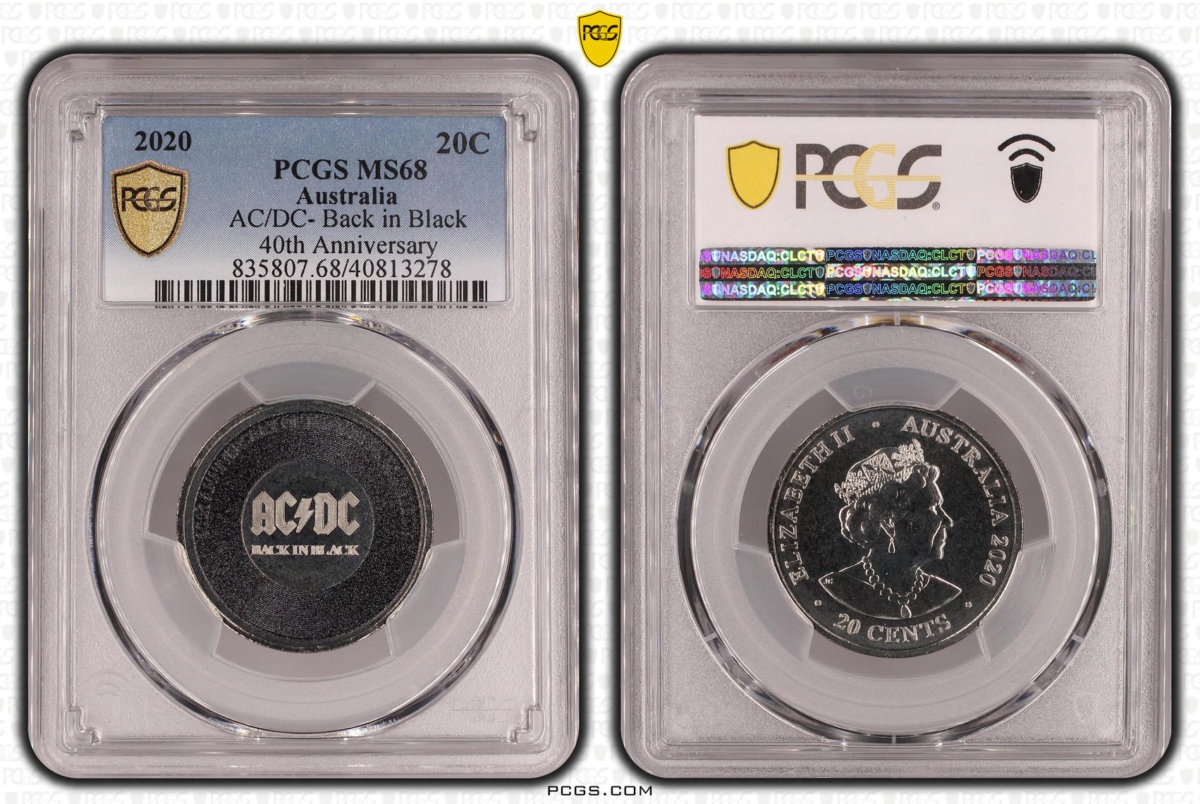 150 · Elizabeth II, AC/DC- Back in Black 40th Anniversary , Twenty Cent, 2020, PCGS MS68