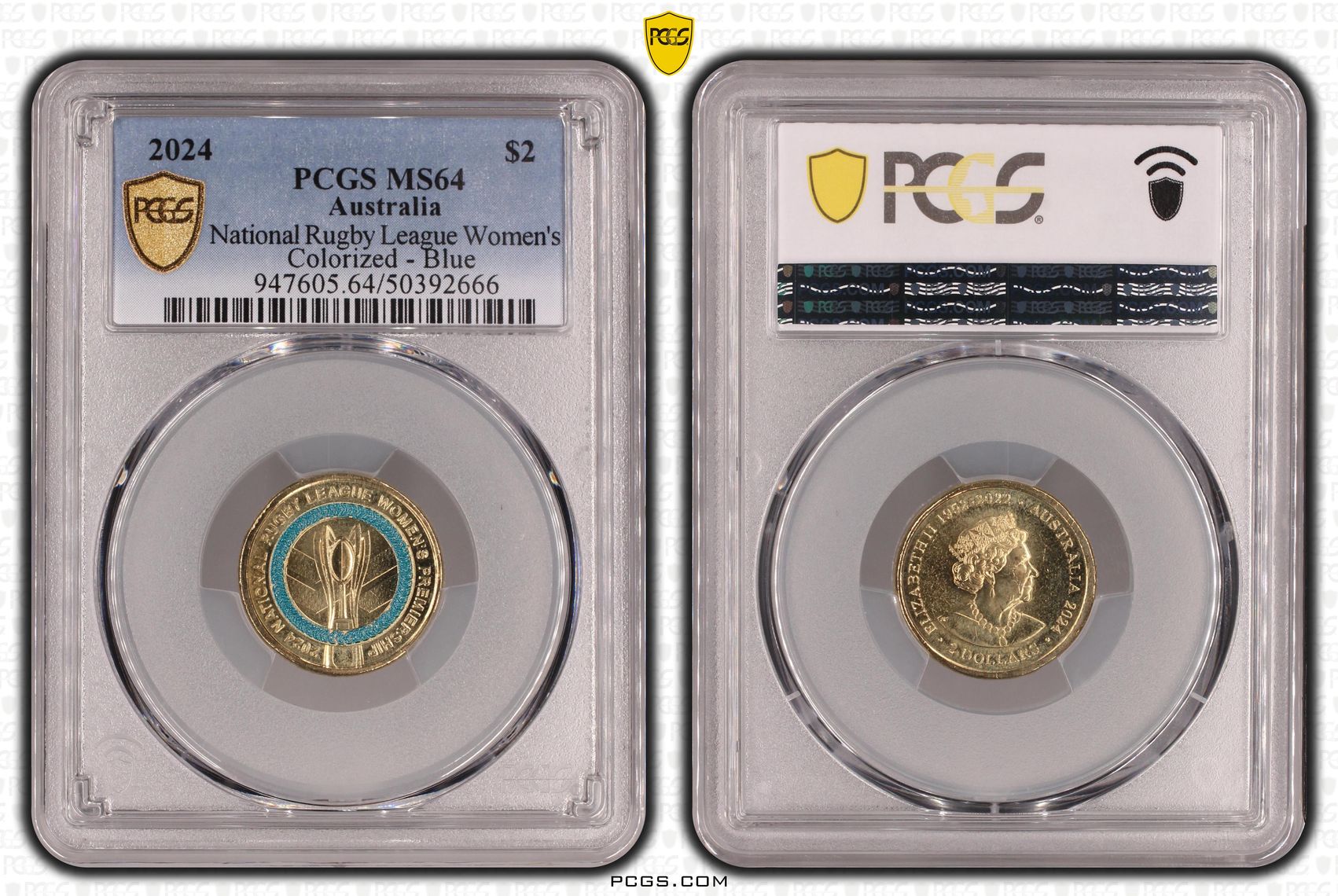 National Rugby League Women's Colorized - Blue, Two Dollar, 2024, PCGS MS64