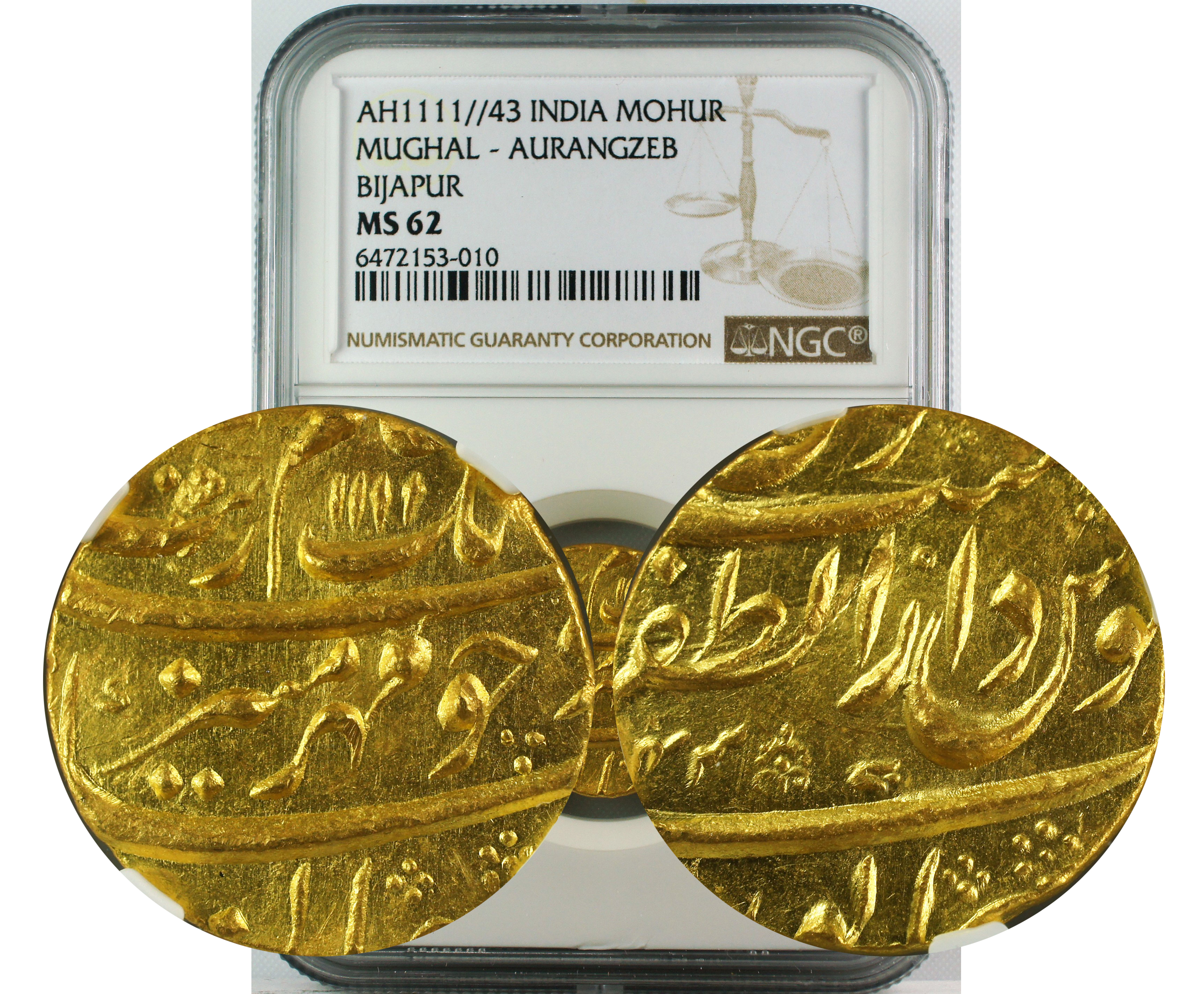 AH 1111//43 INDIA GOLD MOHUR MUGHAL-AURANGZEB BIJAPUR MS62