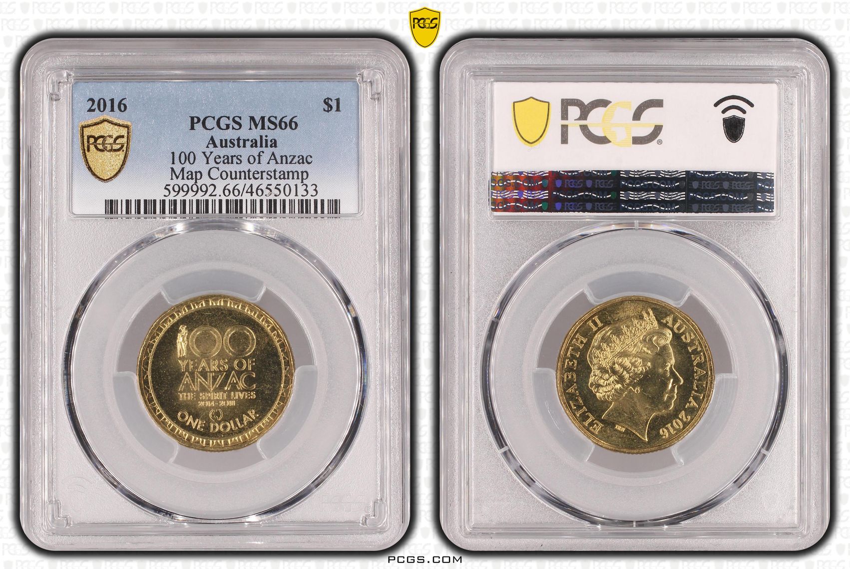 100 Years of Anzac, Map Counterstamp, One Dollar, 2016, PCGS MS 66