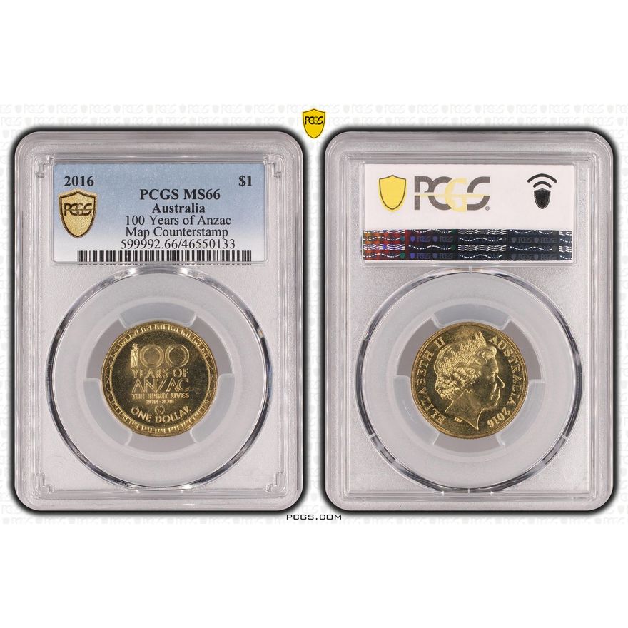 100 Years of Anzac, Map Counterstamp, One Dollar, 2016, PCGS MS 66