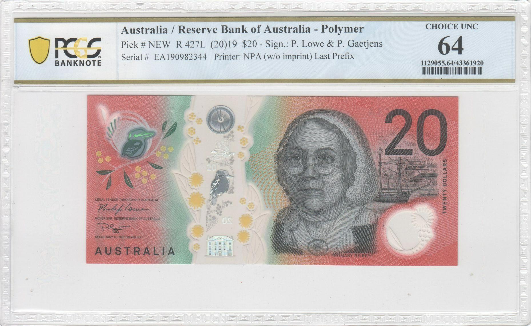 115 · R. 427L, RBA, Polymer, NPA (w/o imprint), Sign.: P. Lowe & P. Gaetjens, Last Prefix, Twenty Dollar, 2019, PCGS - Choice UNC 64