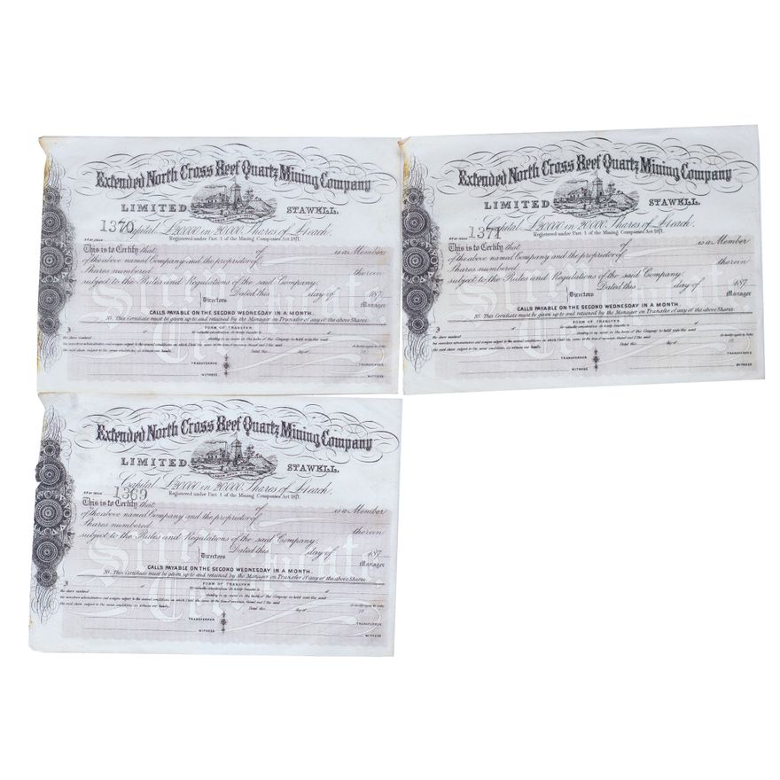 Gold Mining Share Certificates, One Pound, 1870s, EF
