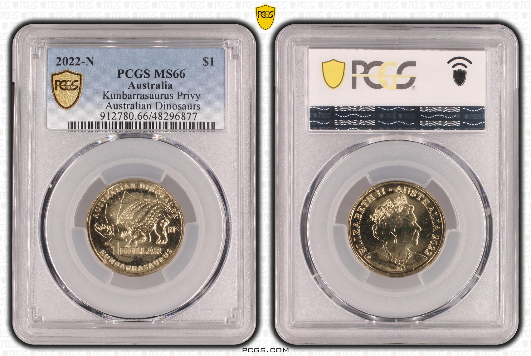 Elizabeth II, Kunbarrasaurus Privy Australian Dinosaurs, One Dollar, 2022-N, PCGS MS66
