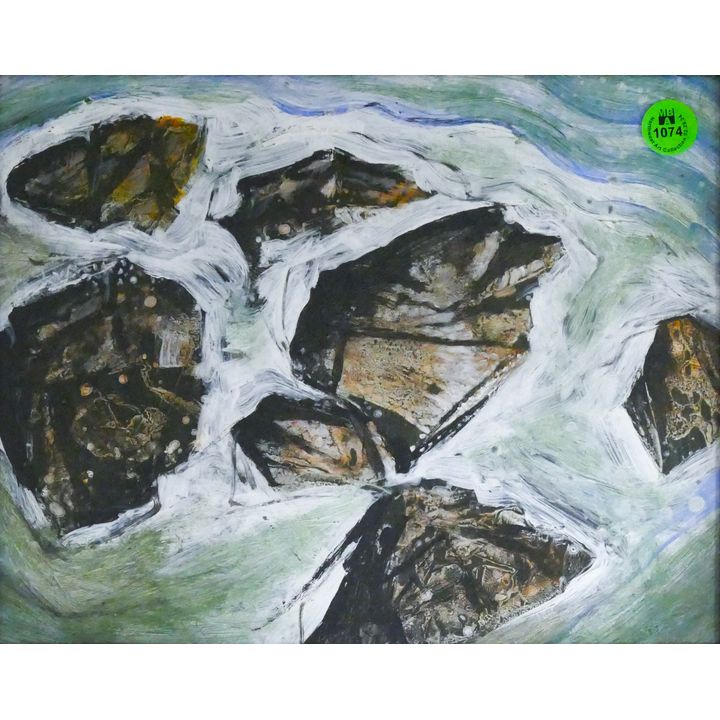 Neil Meitzler ''Rocks and Waves'' Casein on Paper Framed 9''x11''