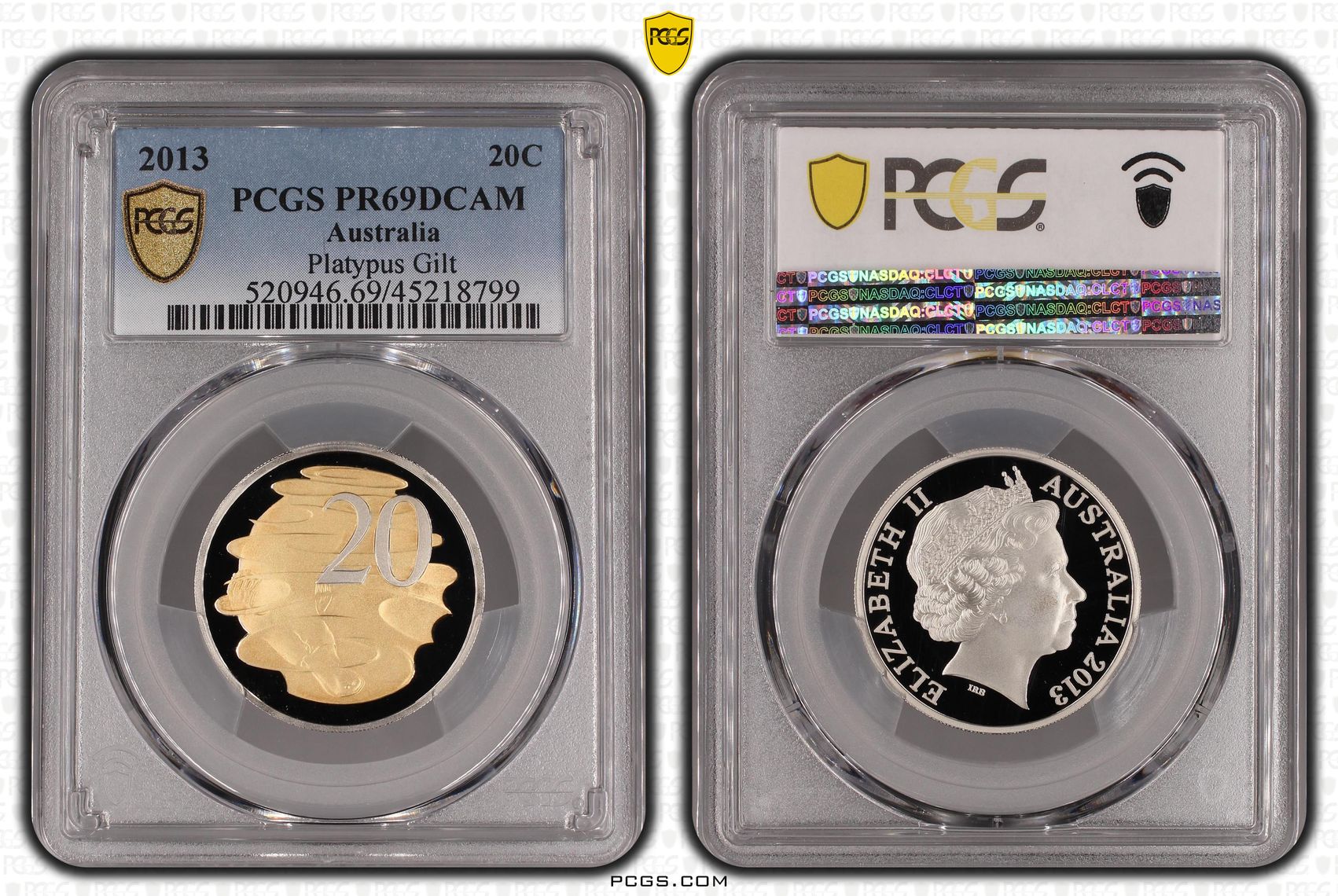 2013 Australian Twenty Cent, 20c Proof Playtpus Gilt PCGS - PR69DCAM -799