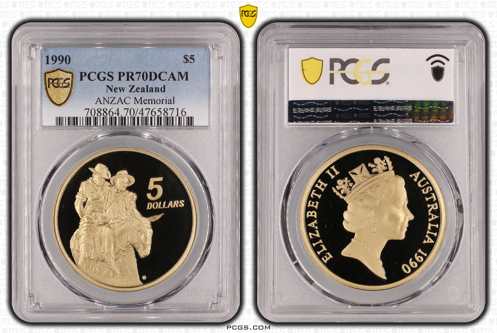 Elizabeth II, ANZAC Memorial KM-71, Pop 6/0, Five Dollar, 1990, PCGS PR70DCAM