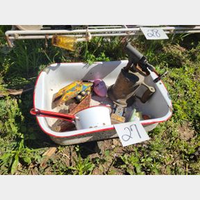 Porcelain pan, pot, blow torch and metal toy truck/trailers