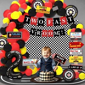 TWO FAST BIRTHDAY DECORATIONS, TWO FAST BANNER BACKDROP BALLOONS ARCH GARLAND RACE CAR THEMED DIRECTIONAL SIGNS, TWO FAST BIRTHDAY