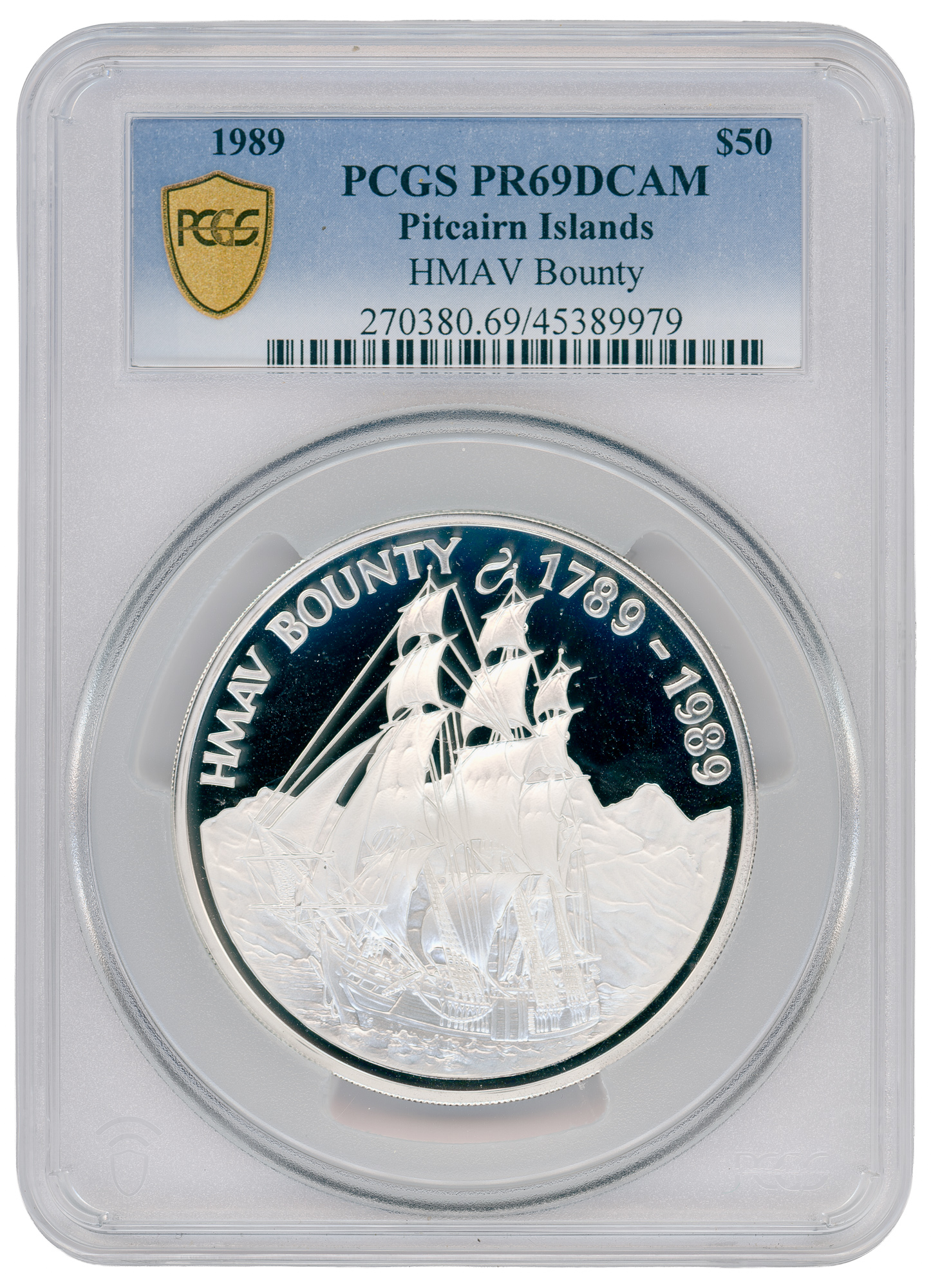 Pitcairn Islands, HMAV Bounty, POP 1/0, Fifty Dollar, 1989, PCGS PR69DCAM