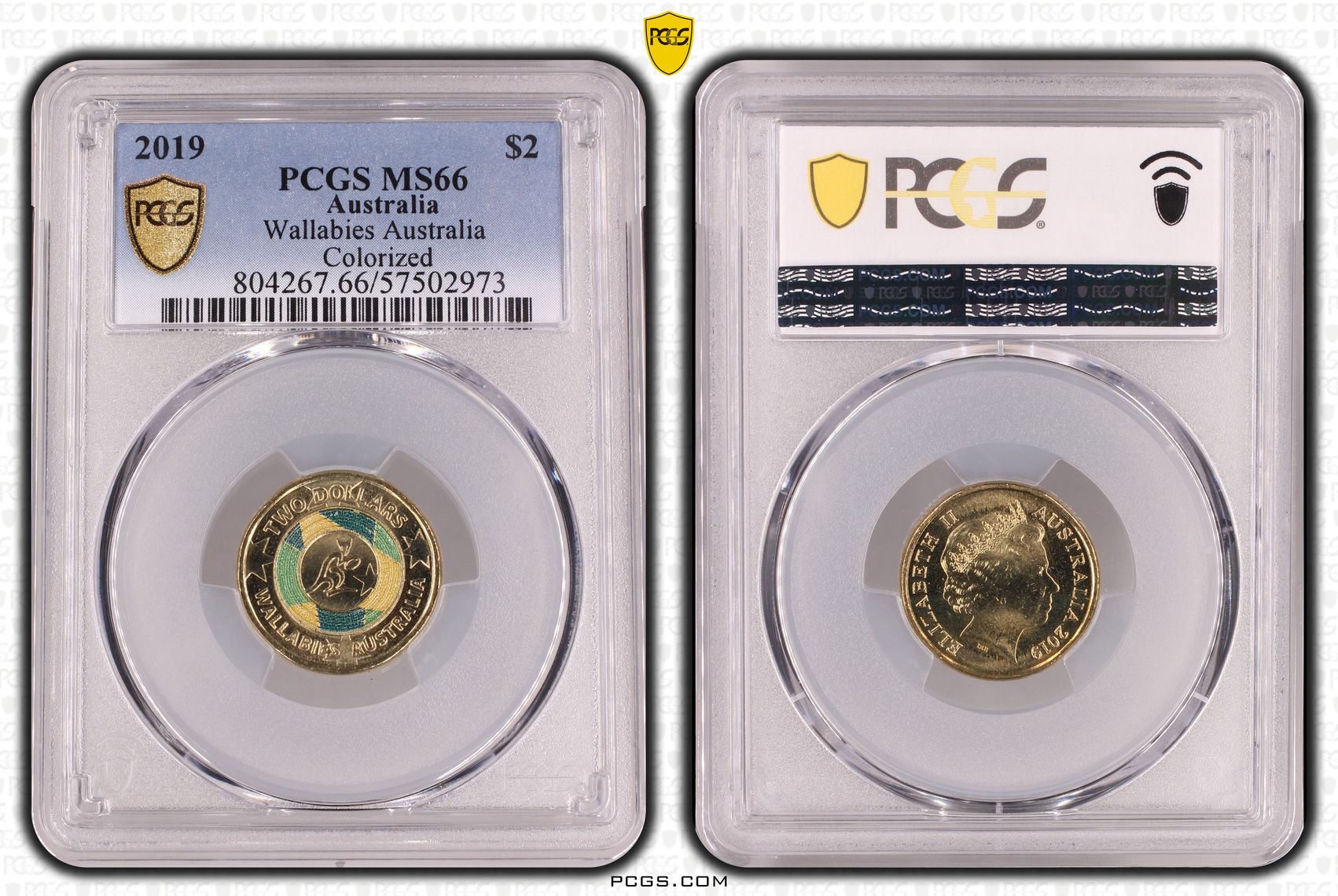 Wallabies Australia Colourised, Two Dollar, 2019, PCGS MS66