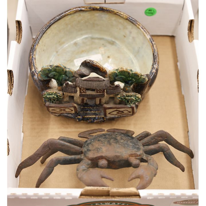 Box Chinese Shiwan Pottery Planter & Iron Crab