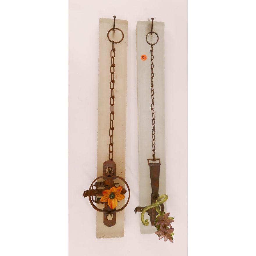 2pc Pilchuck Cast and Floral Sculpted Glass 'Animal Trap' Wall Sculptures - 27''