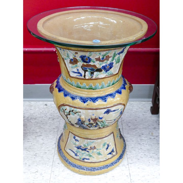 Old Chinese Shiwan Large Gu Vessel Glass Top Side Table
