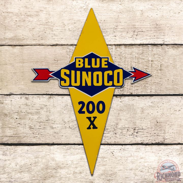 Superb Blue Sunoco 200 X Gasoline Die Cut Single Sided Porcelain Pump Plate Sign