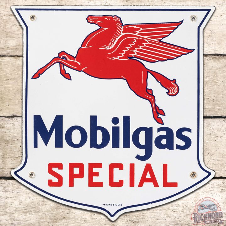 Mobilgas Special Gasoline SS Porcelain Pump Plate Sign w/ Pegasus
