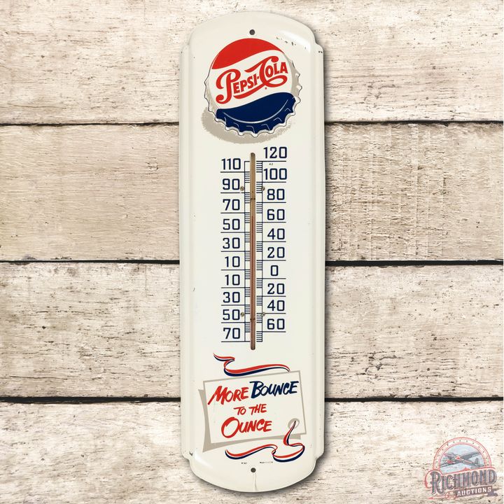 Pepsi Cola More Bounce to the Ounce Tin Thermometer Sign