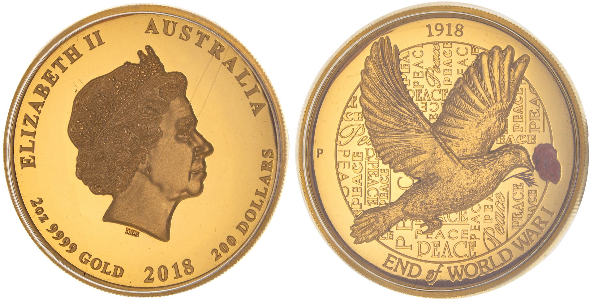Elizabeth II, 100th Anniversary End of WWI 2oz Gold Proof, Two Hundred Dollars, 2018, FDC