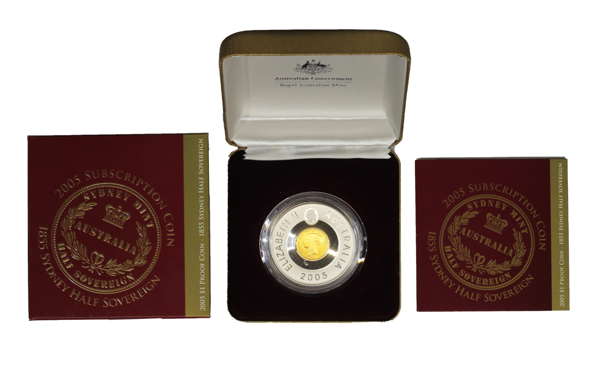 2005 RAM $1 One Dollar & 1855 Sydney Half Sovereign -150th Ann -Box & COA