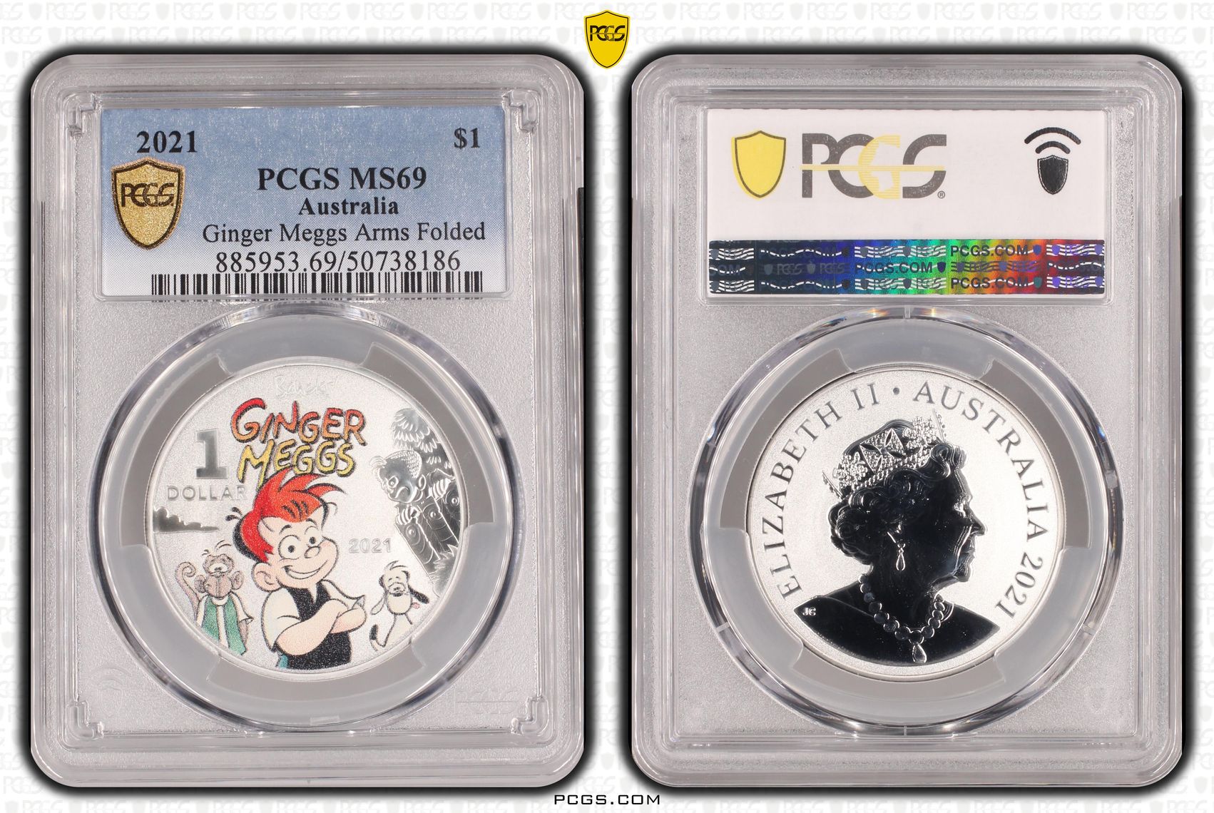 Ginger Meggs Arms Folded , One Dollar, 2021, PCGS MS69