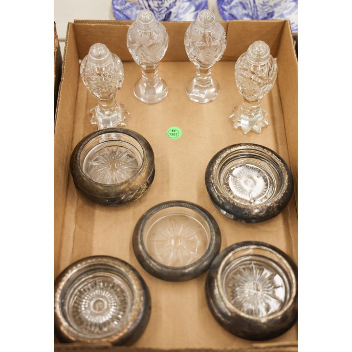 Box Cut Glass Shakers & Silver Rim Coasters