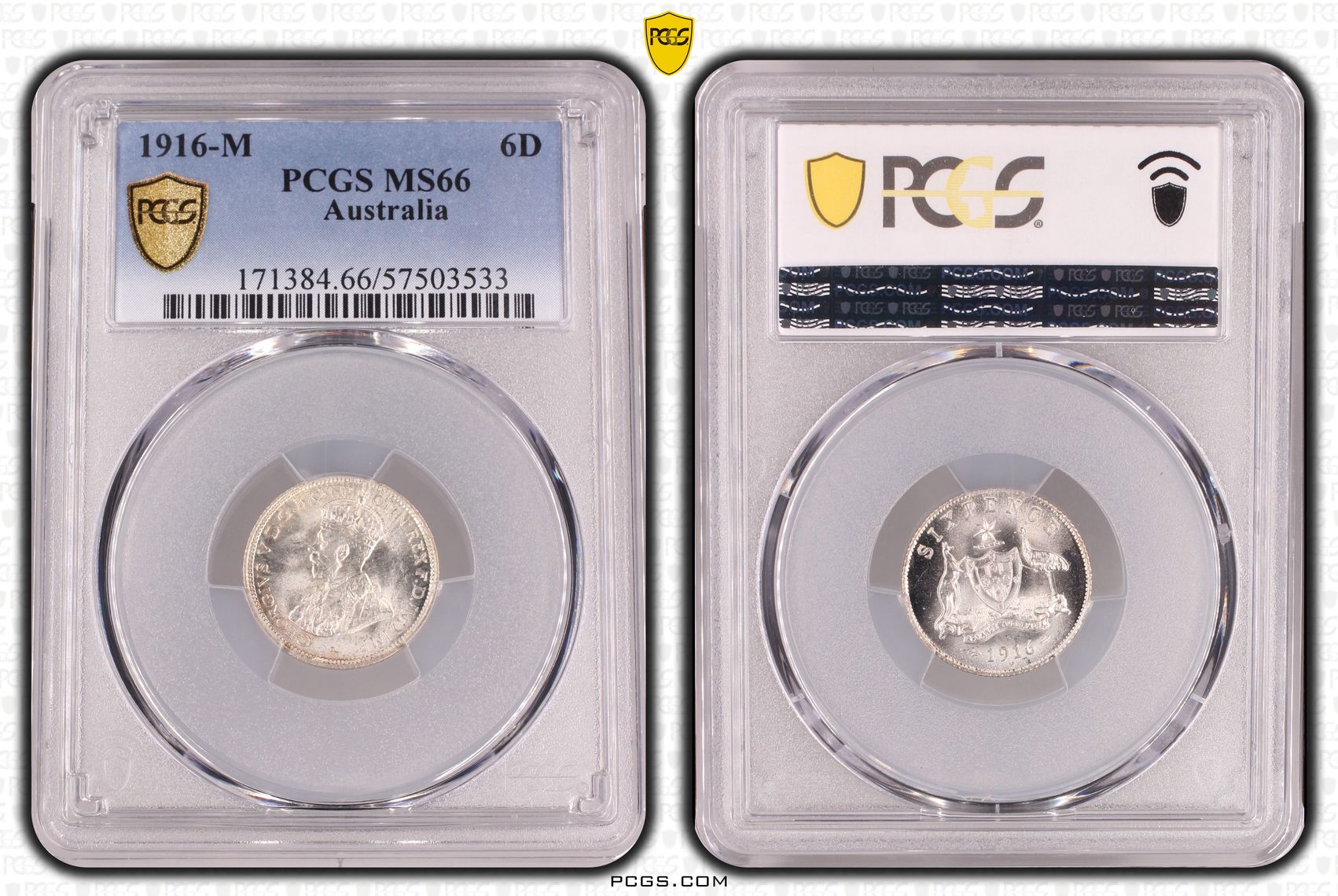 George V, Sixpence, 1916-M, PCGS MS66