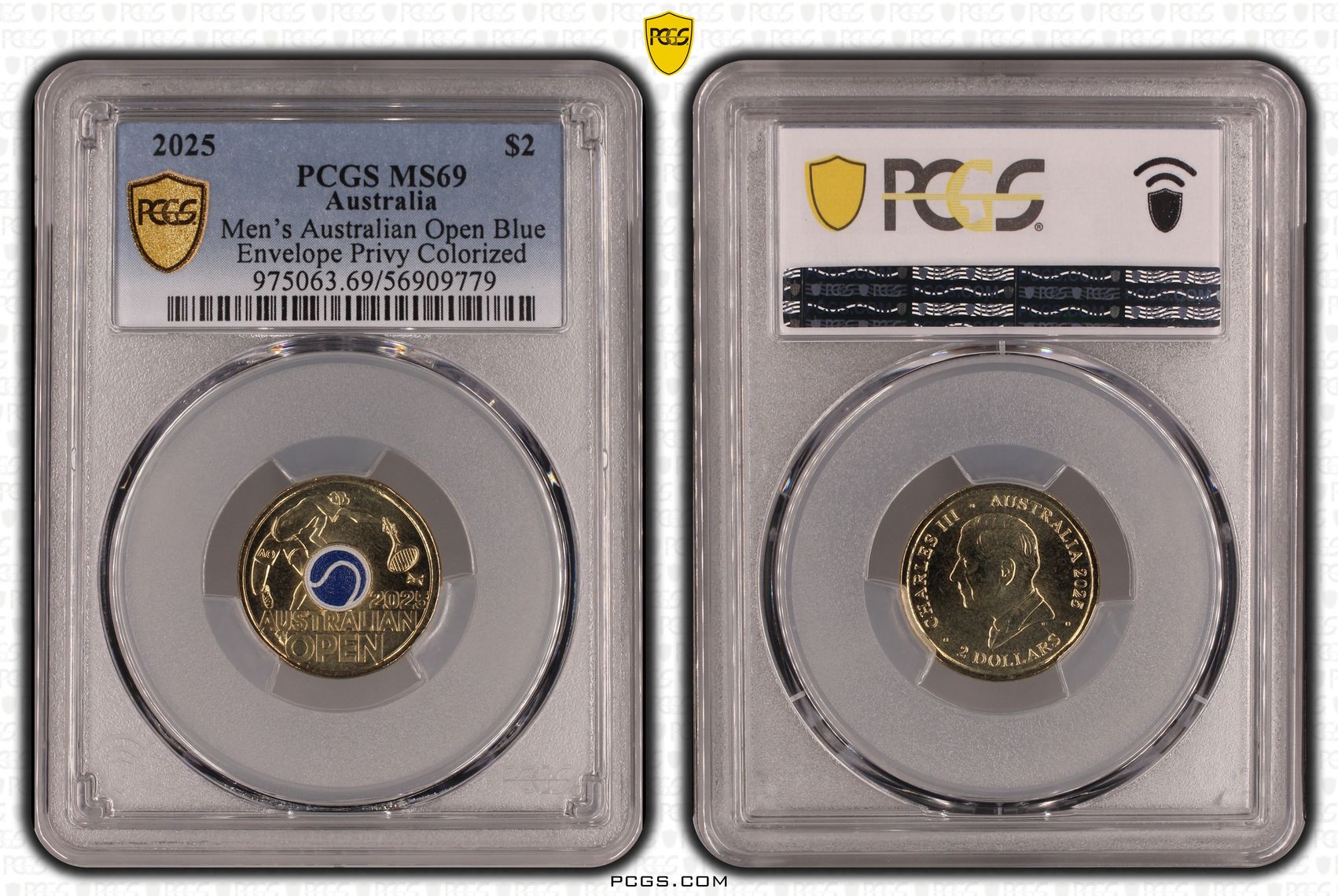 Men's Australian Open Blue Envelope Privy Colourised, Two Dollar, 2025, PCGS MS69