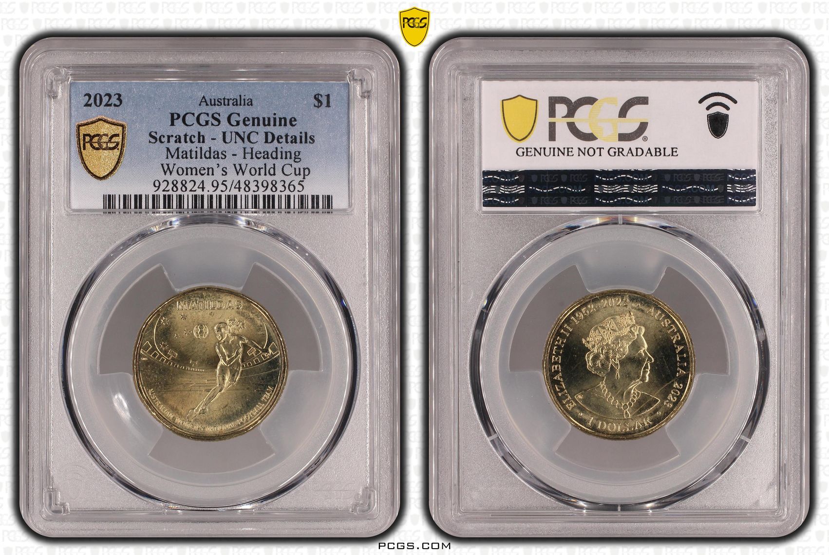 Elizabeth II, Matildas - Heading, One Dollar, 2023, PCGS Genuine - UNC Details (95 - Scratch)