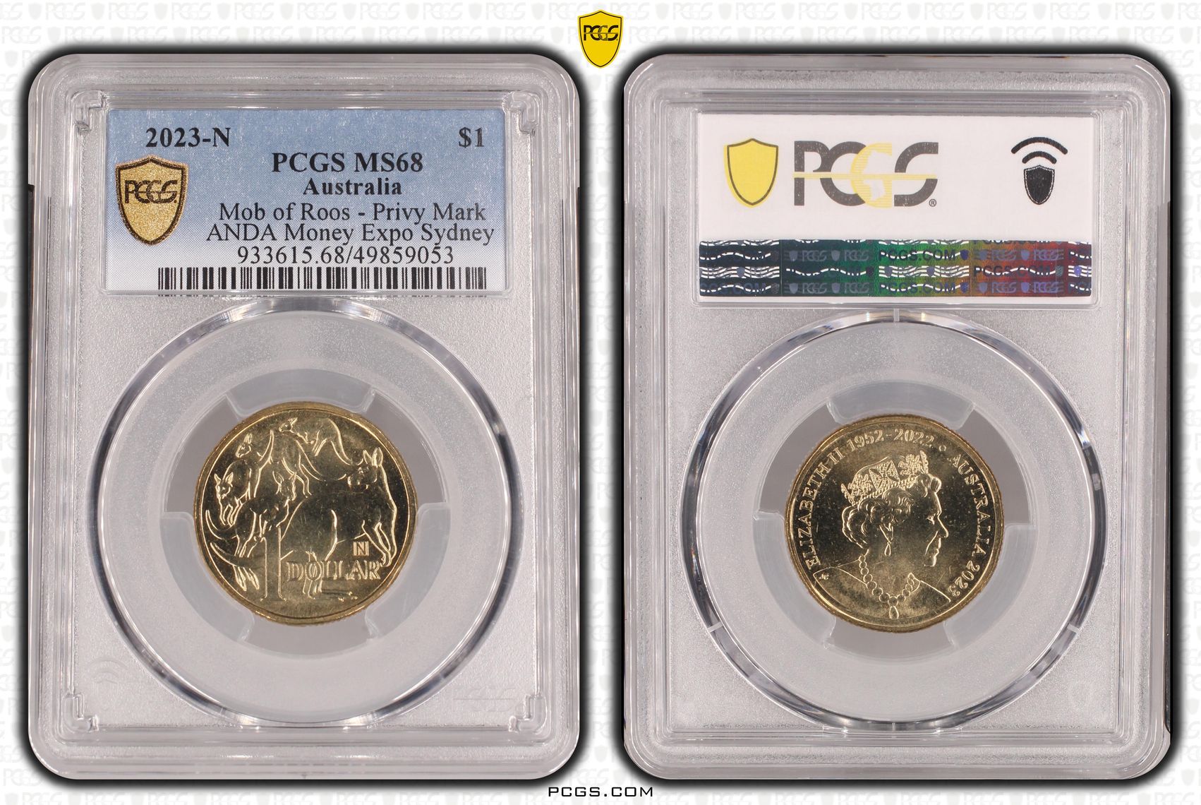 312 · Elizabeth II, Mob of Roos - Privy Mark - ANDA Money Expo Sydney , One Dollar, 2023-N, PCGS MS68