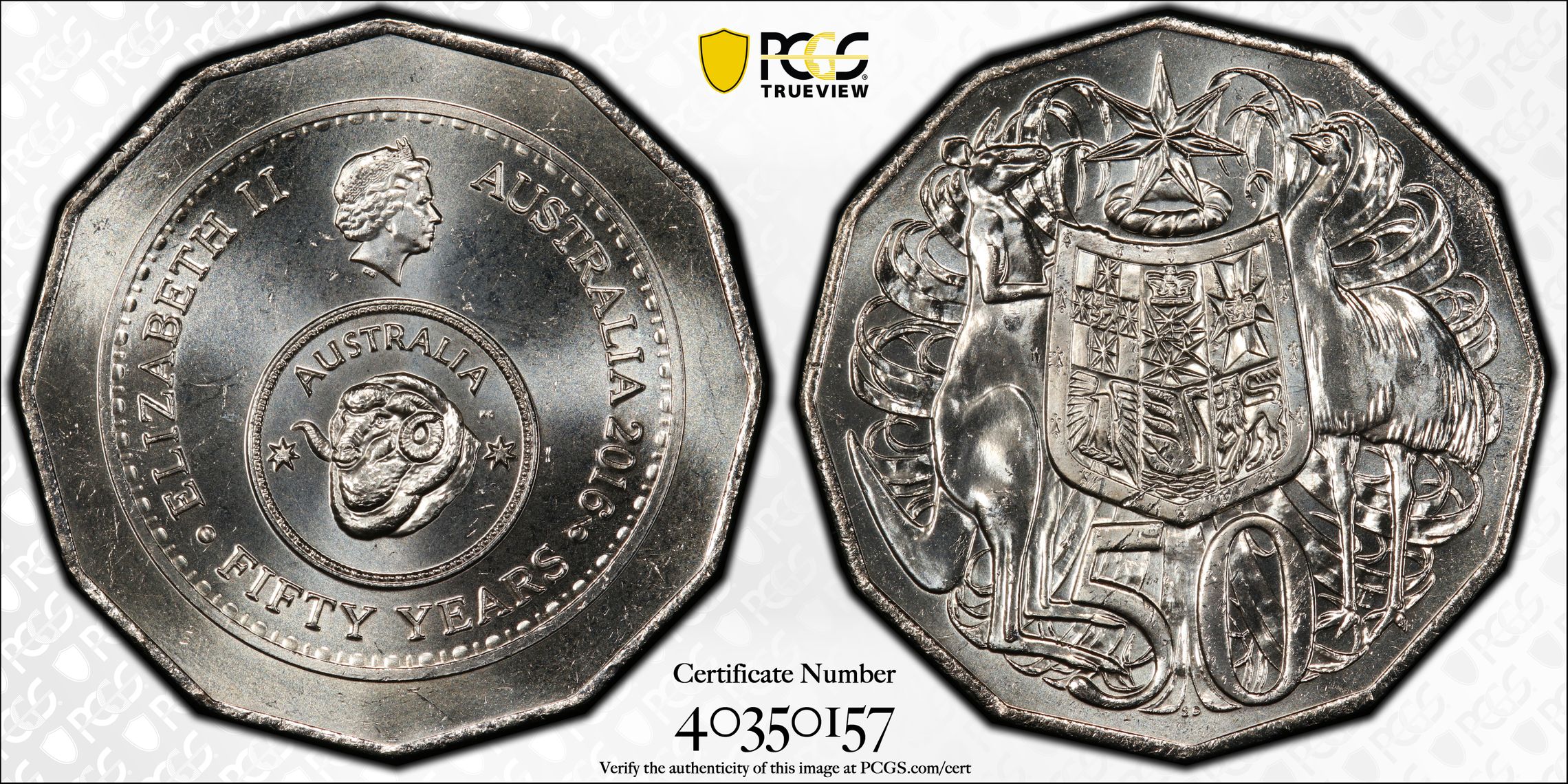Elizabeth II, 50th Ann. Decimal Currency, Fifty Cent, 2016, PCGS MS65