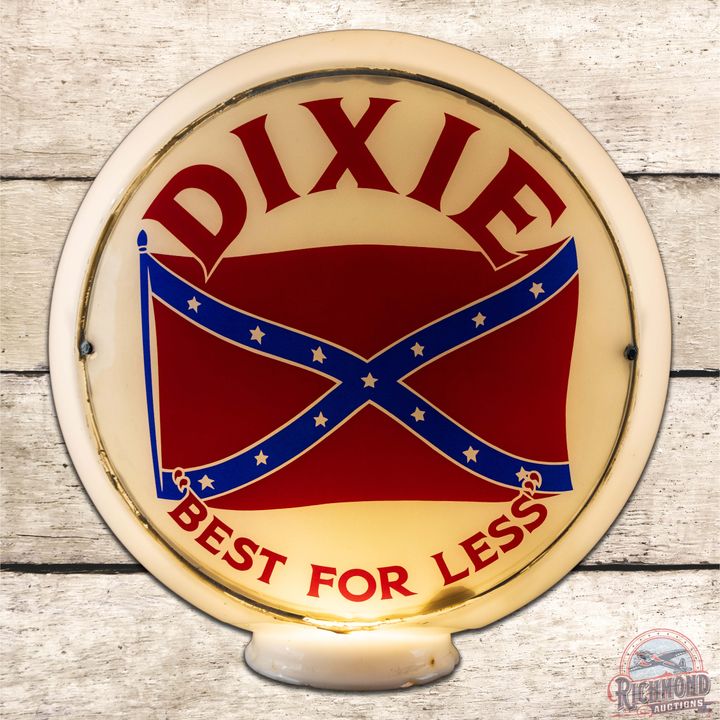 Dixie "Best for Less" Gasoline 13.5" Single Lens w/ Milk Glass Gas Pump Globe "Flag Logo"