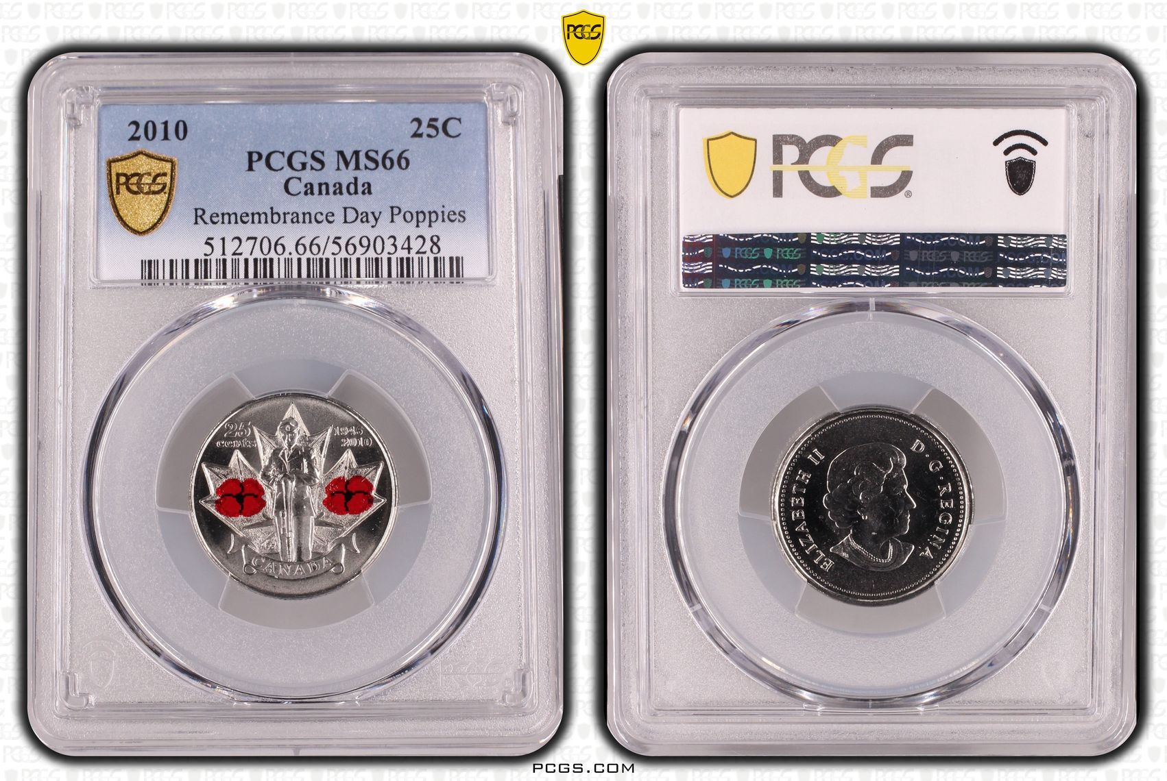 Canada, Remembrance Day Poppies, Twenty Five Cent, 2010, PCGS MS66