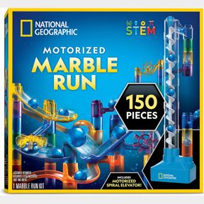 NATIONAL GEOGRAPHIC MARBLE RUN WITH MOTORIZED ELEVATOR - 150-PIECE MARBLE MAZE KIT WITH MOTORIZED SPIRAL LIFT, 30 MARBLES, STORAGE