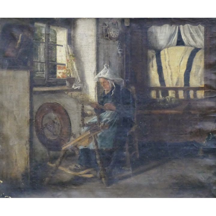 Antique Dinard 1885 Woman with Spinning Wheel Genre Scene Oil