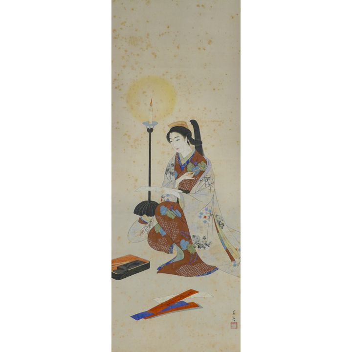 Old Japanese Geisha with Candle Scroll Painting 45''x16.5"
